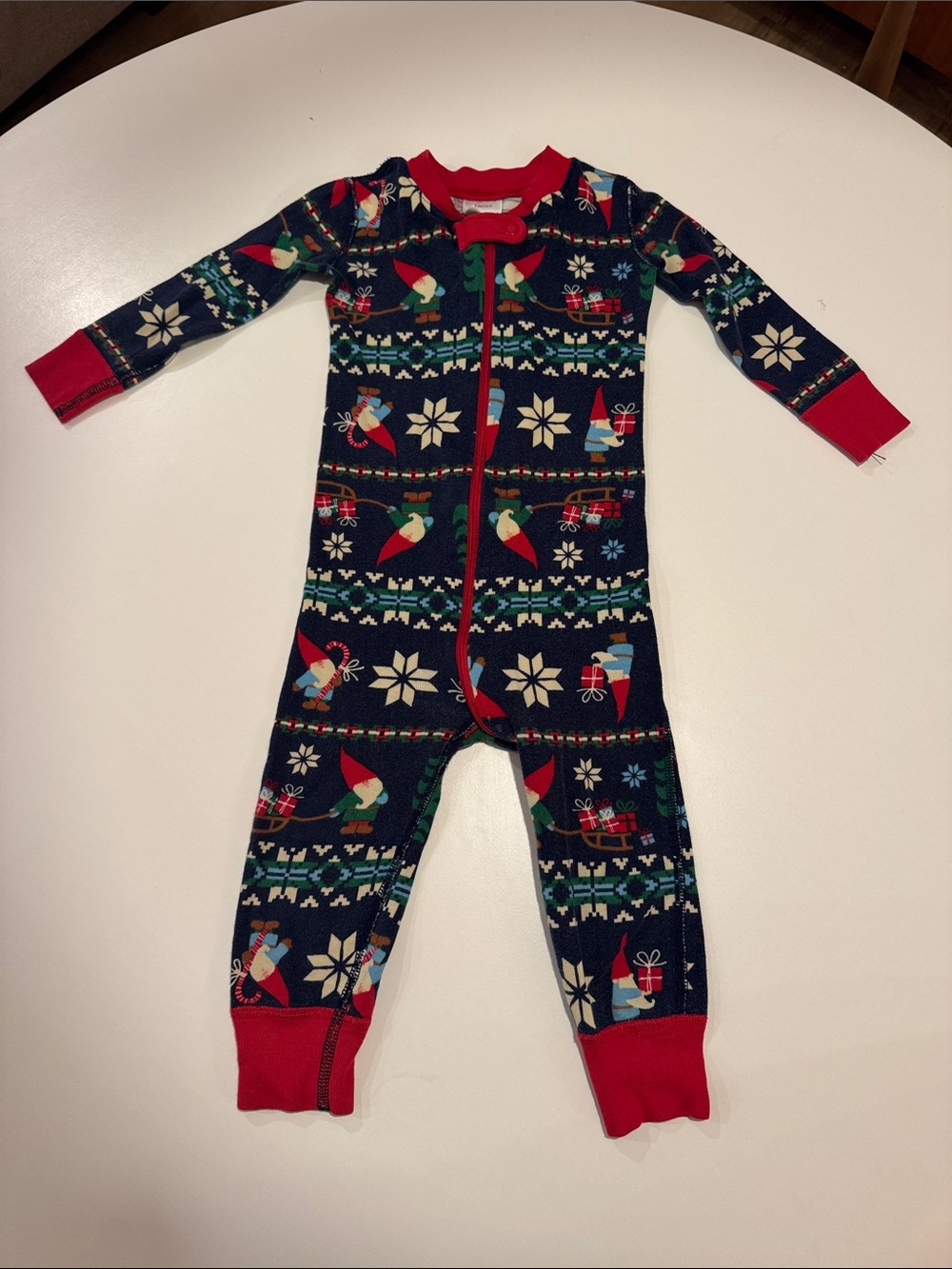 Hanna Andersson Navy Holiday Elf Print One-Piece with Red Trim